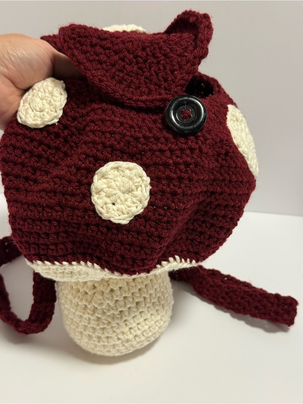 Handmade Crochet Mushroom Drawstring Backpack Burgundy Cream Cottagecore